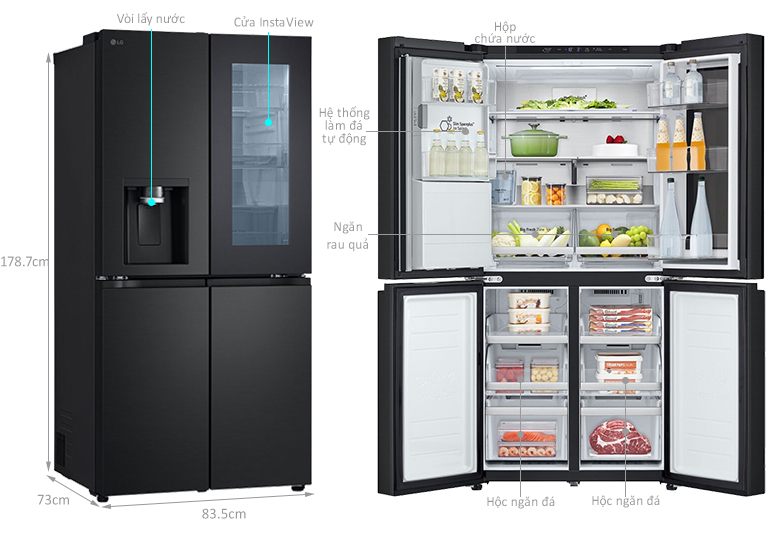kich thước Tủ lạnh French door InstaView LG Inverter 508 lít LFI50BLMAI