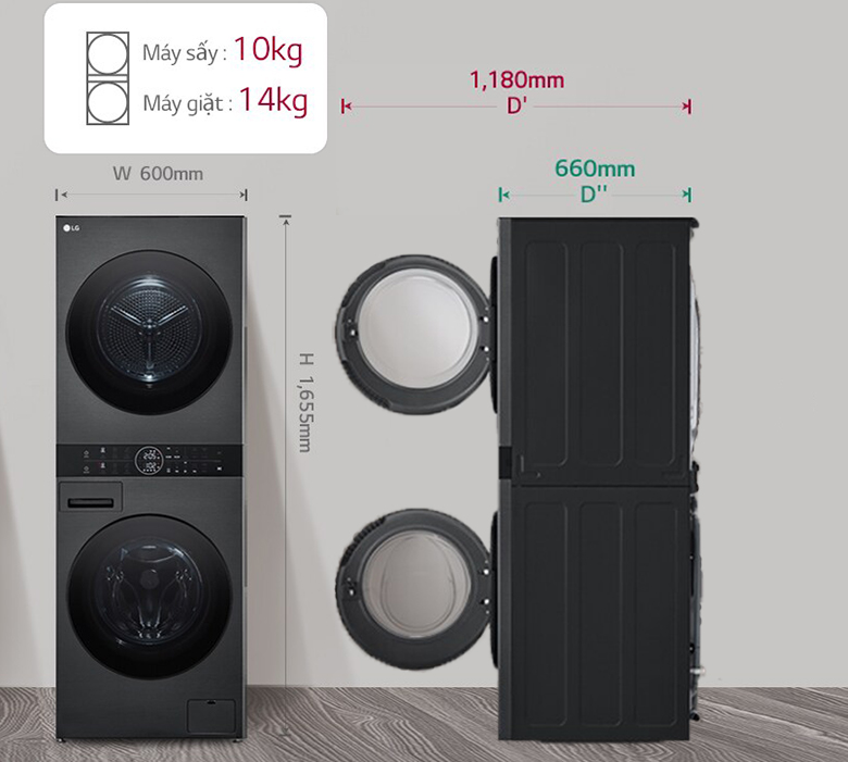 kích thước Máy giặt sấy LG Inverter WashTower giặt 14kg - sấy 10kg WT1410NHB 