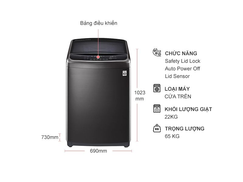 Máy giặt LG TH2722SSAK Inverter 22 kg - Kích thước thực tế