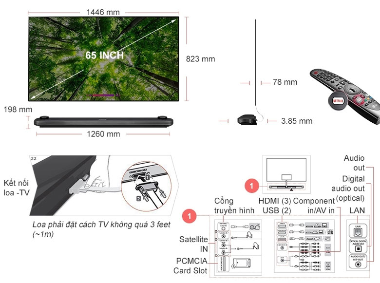 Kích thước Smart tivi OLED LG 65W8PTA 4K 65 inch