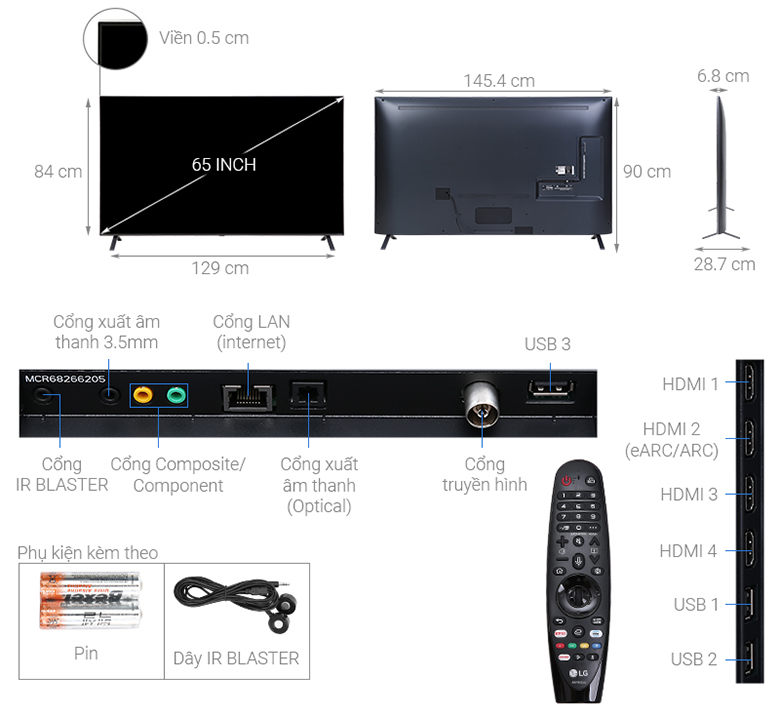 Smart Tivi LG NanoCell 8K 65 inch 65NANO95TNA điểm danh chia sẻ kích thước tiêu chuẩn