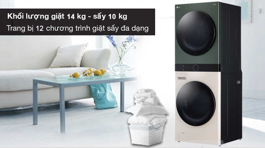 Máy giặt sấy LG WashTower Giặt 14kg / Sấy 10kg WT1410NHEG lồng ngang - Khối lượng giặt sấy lớn 14kg