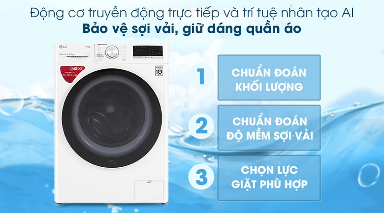 công nghệ AI DD-Máy giặt LG AI DD 8.5 kg FV1408S4W lồng ngang