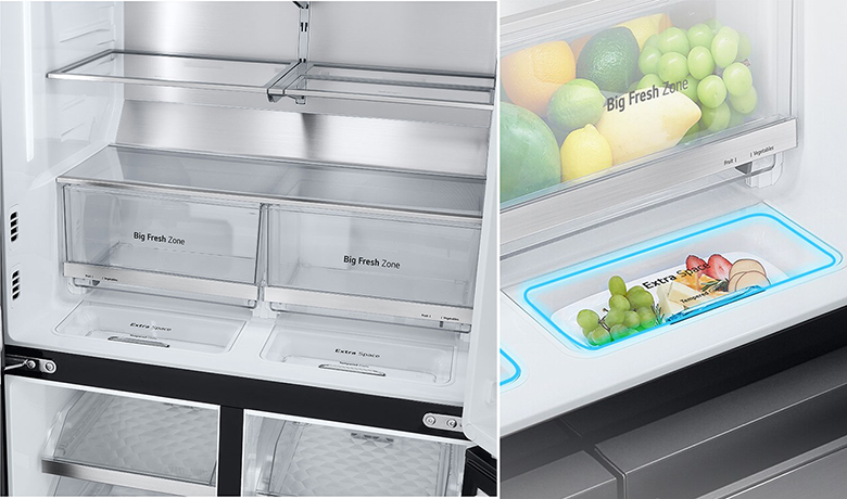 Tủ lạnh French door InstaView LG Inverter 666 lít LFB66BLMI ngăn lưu trữ đang dạng