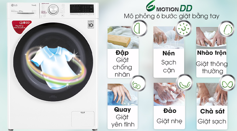 công nghệ giặt 6 chuyển động-Máy giặt LG AI DD 8.5 kg FV1408S4W lồng ngang
