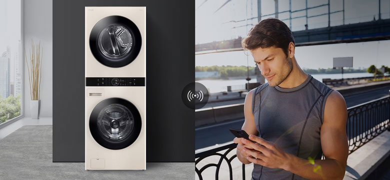 Tháp giặt sấy LG WashTower Inverter 14kg/10kg WT1410NHE - Điều khiển từ xa bằng LG ThinQ